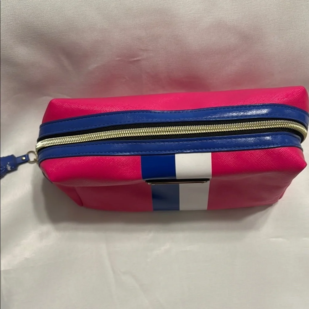 Victoria's Secret Pink and Blue Cosmetic Bag with Bold Stripe Preloved